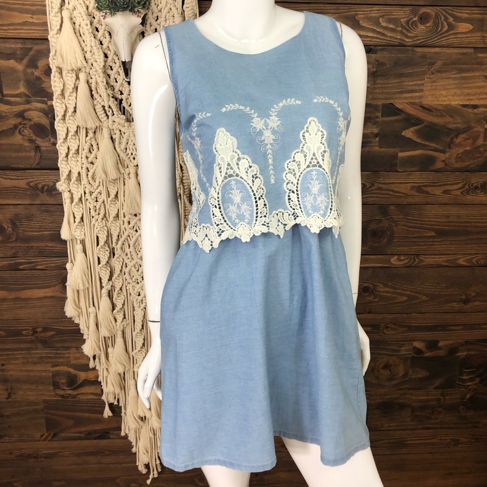 Maison Jules‎ | Denim Crochet Knit Ruffle Tier Sleeveless Dress